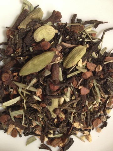 Spicy Thai Chai with green cardamom, clove, black tea, ginger, cinnamon, and pepper. 