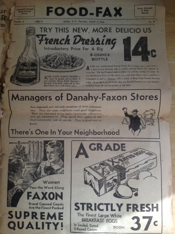 "Women pass the word along Faxon brand canned goods are the finest packed supreme quality!" And x-rayed eggs for 37 cents a dozen. 