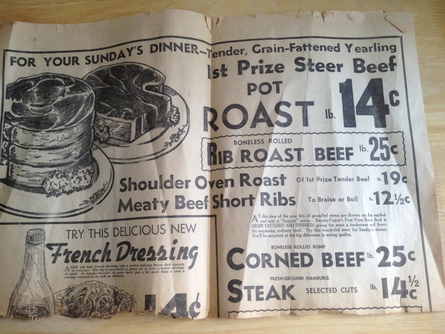 Short ribs - 12 1/2 cents! And again with the 14-cent French Dressing from the cover. Fresh-ground hamburg (no "-er") steak - 14 1/2 cents. 