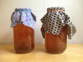 These are half-gallon ball jars covered with rags made from old clothes. Ain't they pretty?